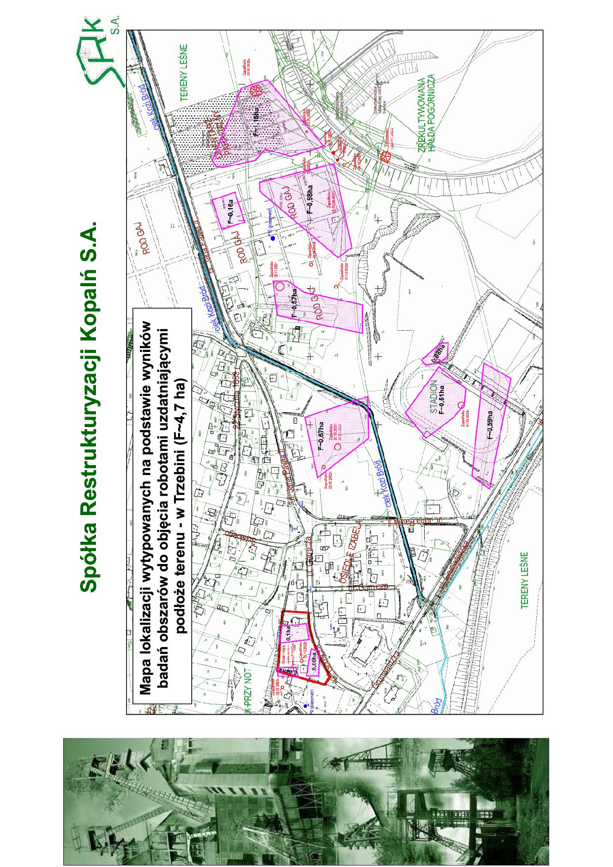 Mapa przedstawia 11 obszarów wyznaczonych na podstawie badań geofizycznych gdzie mają być wykonane prace uzdatnieniowe w Trzebini.